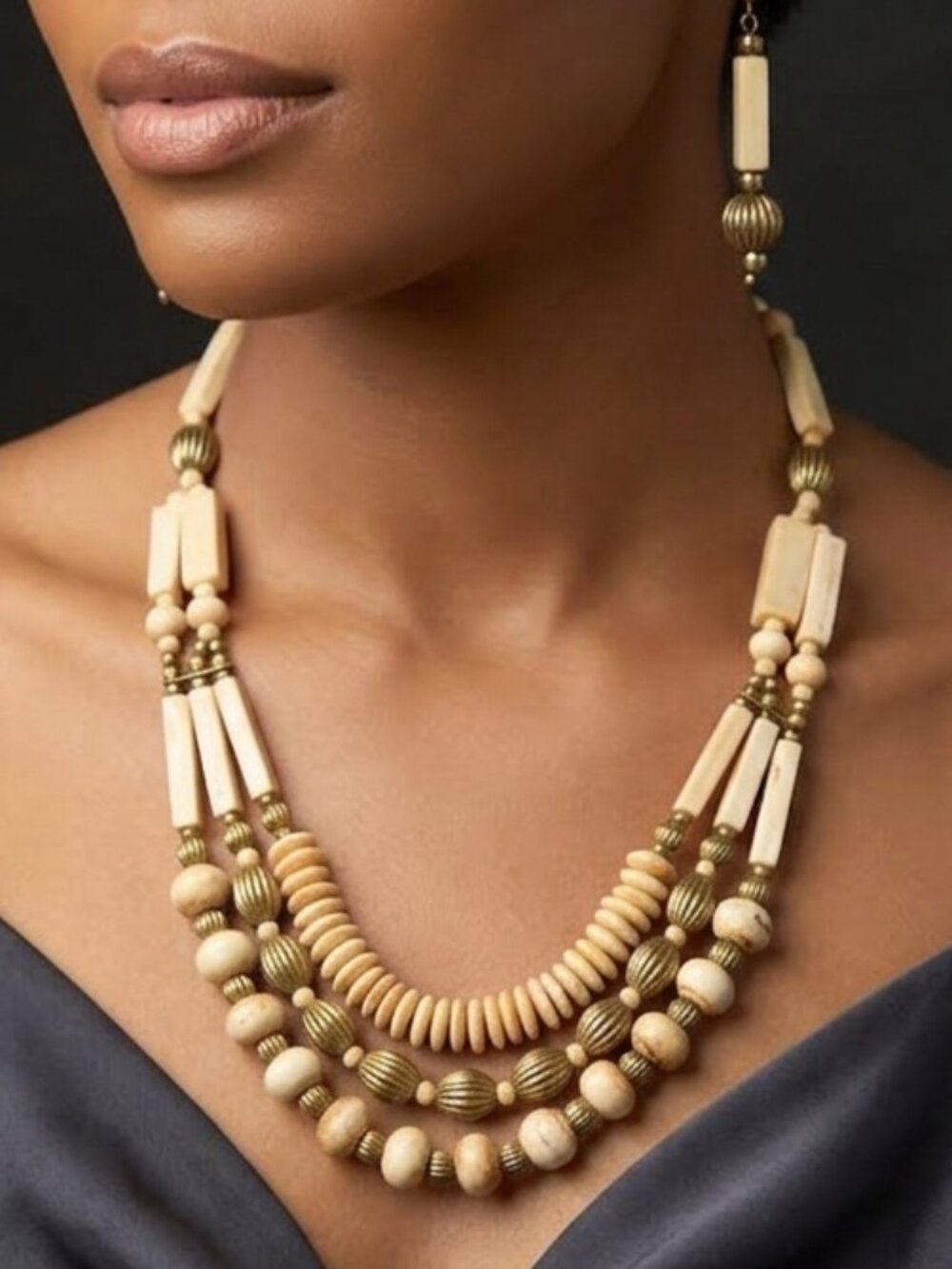 VTG 1970s Necklace & Pierced Earrings Jewelry Set Real Bone Gold Tone Beads Boho